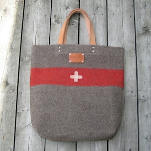 Swiss Army Blanket Tote Bag: Wool Carry-All with Leather Handles Christmas gift