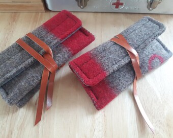 Upcycled Swiss Army Wool Phone Bag: Leather Closure, OOAK Christmas gift