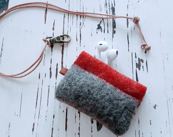 Recycled Swiss Army Blanket - wool storage Pouch - Earphone - Coin purse, Change Holder. Leather Lanyard. Handmade in Switzerland
