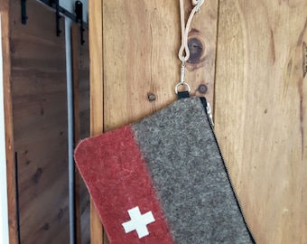 Swiss Army Wool Blanket Bag: Handmade Leather Strap Pouch Christmas gift