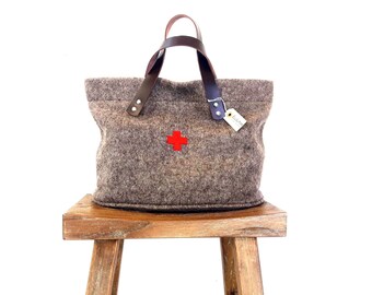Upcycled Swiss Army Wool Tote Bag: Handmade Leather Handle Shopping Bag Christmas gift
