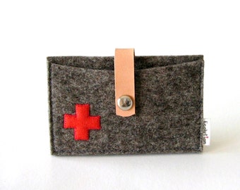 Business Card Holder-Credit Card case.Grey.Red Swiss Cross- Handmade- Eco Friendly - industrial