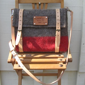 Swiss Army iPad Messenger Bag Cross Body Travel Bag Pure Wool-hand tooled Leather-Taupe Red stripe-great gift image 2