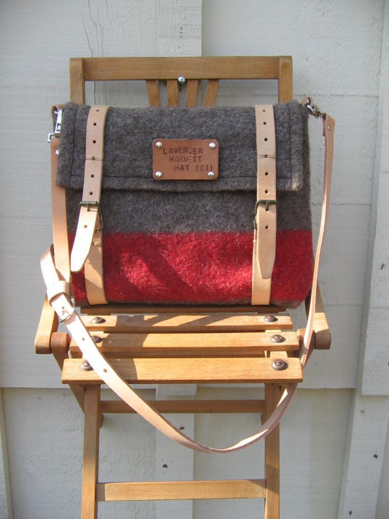 Swiss Army iPad Messenger Bag Cross Body Travel Bag Pure Wool-hand tooled Leather-Taupe Red stripe-great gift image 2