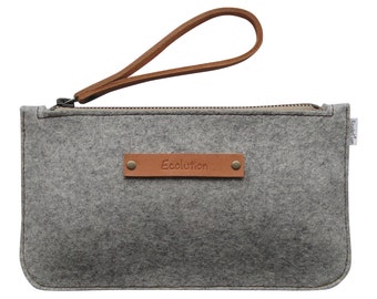 Minimalist Wool felt clutch- iPhone wallet.Size M.Durable-Handmade in Switzerland- Silver grey - classy  Design-Leather strap