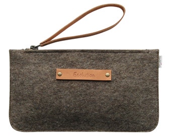 Merino Wool Felt Clutch: Handmade Leather Travel Wallet -Christmas Gift