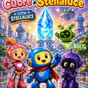 Può includere: Un'illustrazione digitale vibrante con il titolo "Lumo e il Cuore di Stellaluce". L'immagine presenta una città futuristica con robot, un cristallo luminoso e i nomi "Riva", "Lumo", "Ombrix" e "Bolt".