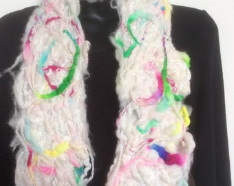 WARM WINTER SCARF,  white with jewel colours, merino wool scarf, soft and warm scarf, boho scarf