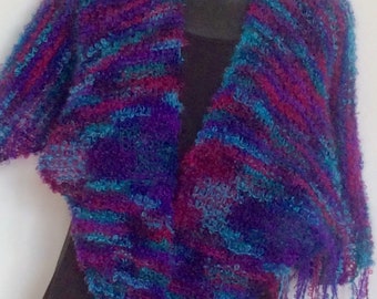 LIGHTWEIGHT WOOL WRAP.  Handknit shawl, jewel coloured wrap