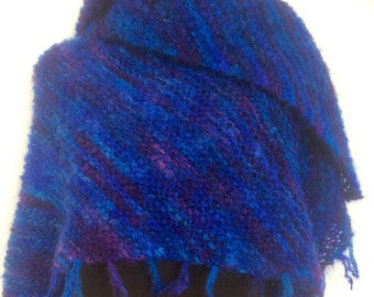 KNITTED WOOLLEN WRAP,  shawl,  royal blue,  lightweight, brushed mohair, handknitted,