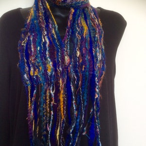 Warm winter blue scarf, long fringed scarf, one of a kind blue scarf image 1