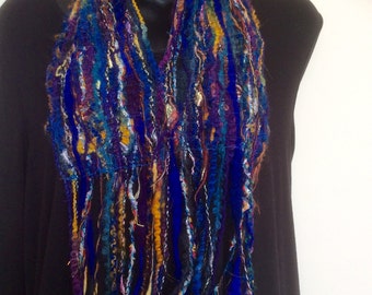 Warm winter blue scarf,  long fringed scarf, one of a kind blue scarf