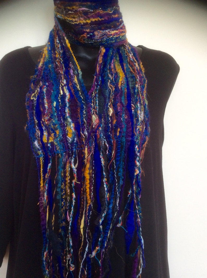 Warm winter blue scarf, long fringed scarf, one of a kind blue scarf image 1