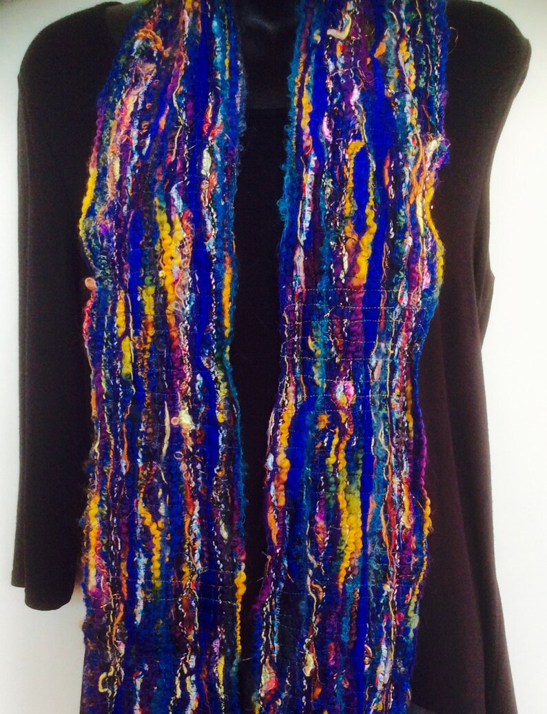 Warm winter blue scarf, long fringed scarf, one of a kind blue scarf image 2