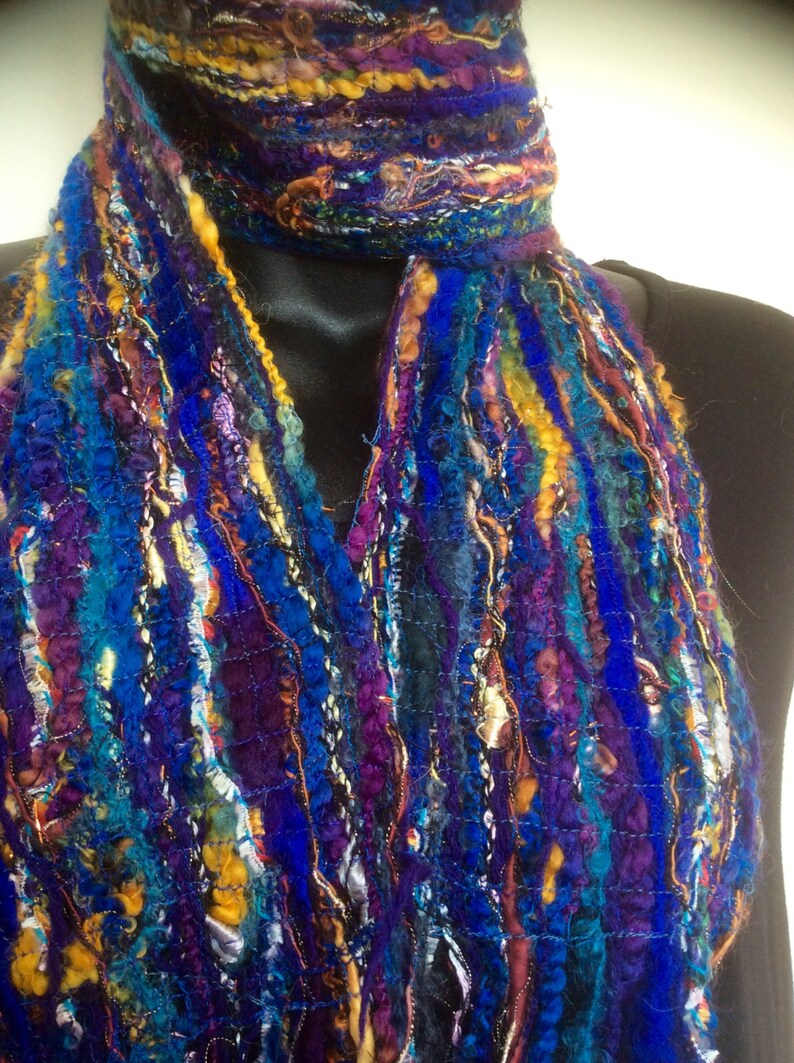 Warm winter blue scarf, long fringed scarf, one of a kind blue scarf image 5