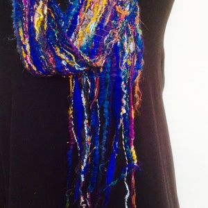 Warm winter blue scarf, long fringed scarf, one of a kind blue scarf image 4