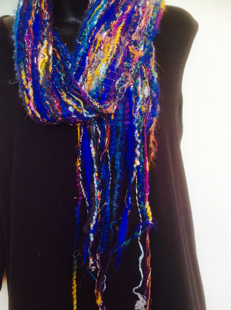 Warm winter blue scarf, long fringed scarf, one of a kind blue scarf image 4