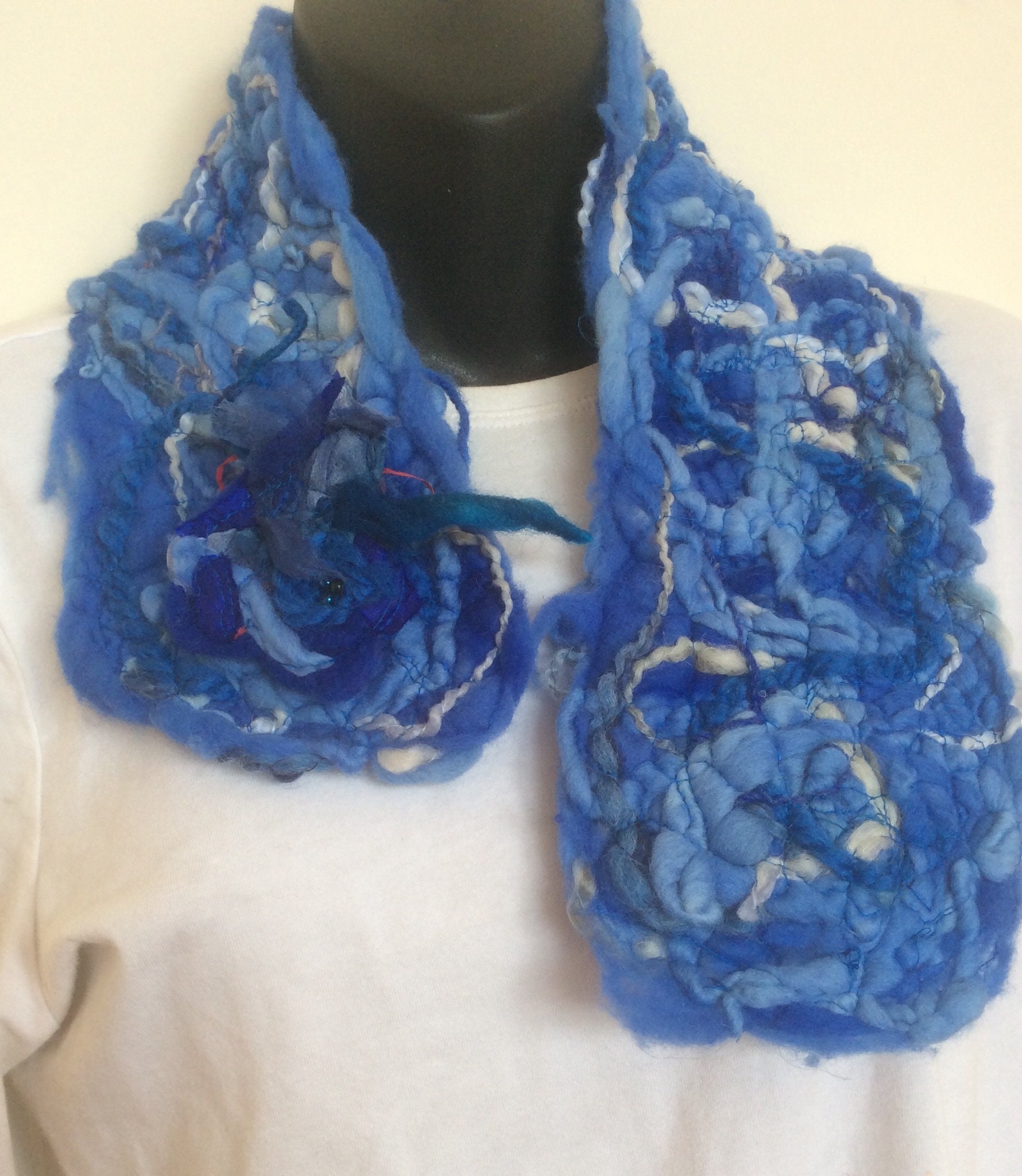 Wool neckwarmer shades of blue handmade brooch to complement textured light and warm