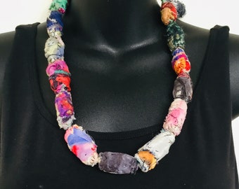 MULTICOLOURED TEXTILE NECKLACE, Stitched Beads Fabric Jewellery