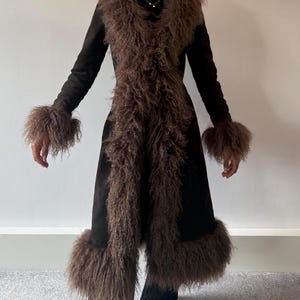 Nobi Club Suede Afghan Penny Lane Coat with Real Mongolian Lambswool Trim | Vintage-Inspired Long Coat | Outerwear for Women Made in London
