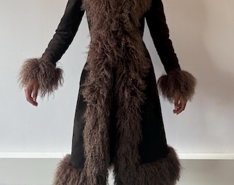 Nobi Club Suede Afghan Penny Lane Coat with Real Mongolian Lambswool Trim | Vintage-Inspired Long Coat | Outerwear for Women Made in London