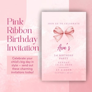 Pink Ribbon 1. Geburtstagseinladungsvorlage: Bearbeitbare Mädchenparty (Digitaler Download)