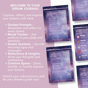 May include: A purple and white dream journal with text that reads "WELCOME TO YOUR DREAM JOURNAL!" and "Capture, reflect, and explore your dreams with ease:" Features include guided prompts, mood tracker, dream symbols, reflections & insights, and creative space.