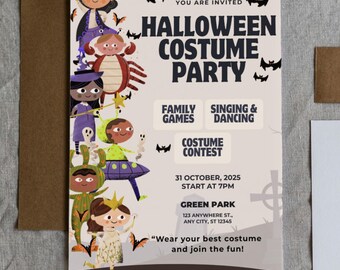 May include: Halloween Costume Party invitation with cartoon illustrations of children in costumes. The invitation includes details for family games, singing, dancing, and a costume contest. The event is on October 31, 2025, at 7 PM.