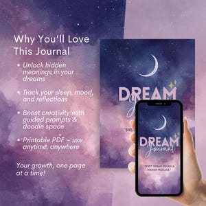 May include: A journal with a dreamy design, featuring the word "DREAM" and a crescent moon. The journal is held next to a smartphone displaying the same design. Text on the journal includes "Unlock hidden meanings in your dreams."