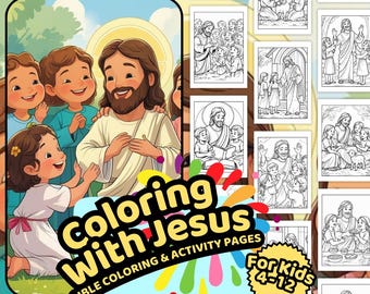 May include: A colorful coloring book titled "Coloring With Jesus" with the subtitle "Bible Coloring & Activity Pages". The cover features an illustration of Jesus surrounded by children. The book is designed for kids ages 4-12.