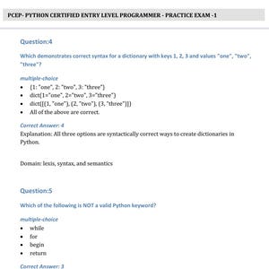 Pu&ograve; includere: Una domanda a scelta multipla sulla sintassi Python per i dizionari. La domanda chiede quale delle quattro opzioni dimostra la sintassi corretta per un dizionario con le chiavi 1, 2, 3 e i valori "one", "two", "three". La risposta corretta &egrave; "Tutte le risposte precedenti sono corrette."