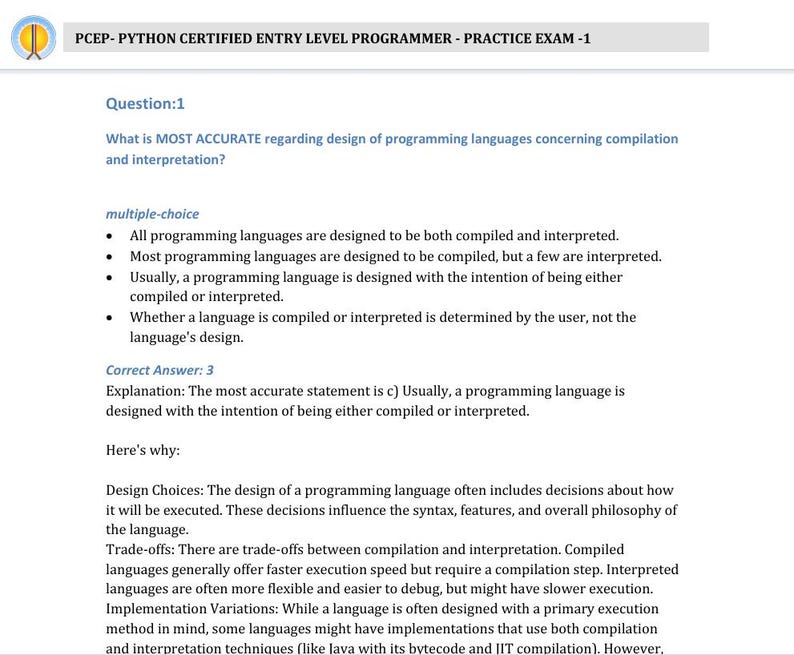 Pu&ograve; includere: Una domanda a scelta multipla sul design dei linguaggi di programmazione. La domanda chiede quale sia l'affermazione pi&ugrave; accurata riguardo al design dei linguaggi di programmazione in relazione alla compilazione e all'interpretazione. Le opzioni di risposta sono elencate sotto la domanda.