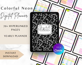 Planificador digital anual 2026, organizador diario mensual y semanal, registro de hábitos, presupuesto y páginas de fitness.