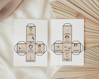 Juego de dados de yoga con acuarela / Actividades divertidas de movimiento / 12 posturas / Descansos para el cerebro / Movimiento consciente / Lección de aprendizaje socioemocional / Reunión matutina / Niños bohemios