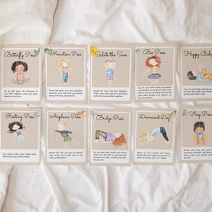 Tarjetas con posturas y secuencias de yoga / 12 posturas aptas para niños y 8 flujos listos para usar / Diseño de acuarela / Pósteres de atención plena / Descanso mental /