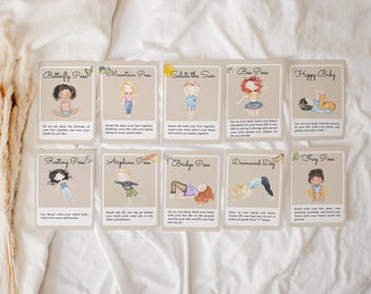 Tarjetas con posturas y secuencias de yoga / 12 posturas aptas para niños y 8 flujos listos para usar / Diseño de acuarela / Pósteres de atención plena / Descanso mental /