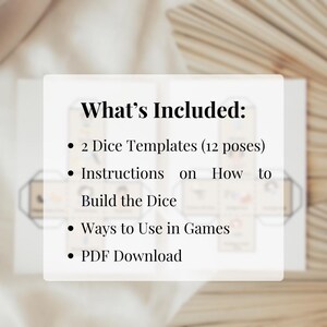 Pode incluir: Um cart&atilde;o branco com o texto "What's Included:" seguido de marcadores que listam "2 Dice Templates (12 poses)," "Instructions on How to Build the Dice," "Ways to Use in Games," e "PDF Download."