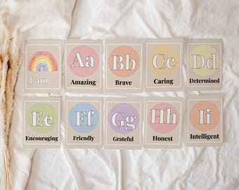 Afirmaciones del alfabeto / Conjunto de vocabulario de la A a la Z / Pósteres / Tarjetas didácticas SEL / Diseño de aulas en acuarela / Decoración de pared para niños / Tarjetas didácticas SEL