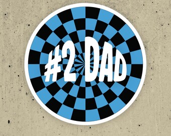 Number 2 Dad Round Sticker | Checkerboard Vinyl Decal, Water Resistant (Outdoor Use)