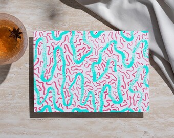 Postal de ondas abstractas (15 x 10 cm) / Postales de bellas artes, coral y verde azulado