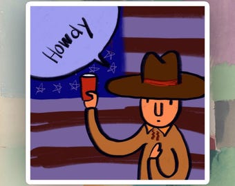 Pegatina Howdy Hank, el vaquero amigable / Pegatina troquelada, ilustración del oeste, calcomanía para portátil