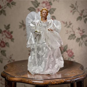 Vintage Fiber Optic Angel Tree Topper 12" - Color Changing Lighted Porcelain Christmas Decor - Retro 90s Glowing Wing Treetop Tested Working