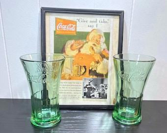 Vintage Coca-Cola Santa Advertisement Framed Print with Green Tumblers | Classic Christmas Decor | Holiday Retro Coke Wall Art Gift
