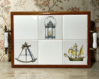 Vintage Nautical Serving Tray, Wood and Tile Maritime Decor, Ship Lantern Sextant Illustrations, Brass Handles, Coastal Kitchen Gift