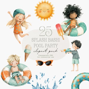Bundle d'invitations à une fête d'enfants d'été, bleu sarcelle et orange, utilisation commerciale, graphismes amusants au bord de la piscine pour faire-parts et travaux manuels