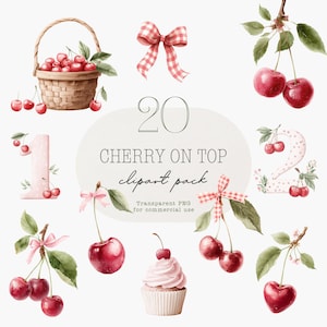 May include: A watercolour clipart pack with cherries, a basket, bows, and a cupcake. The text reads "Cherry on Top" and "Transparent PNG for commercial use". The image includes the numbers 1, 2, and 20.