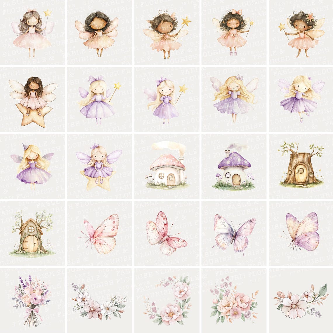 Watercolor Fairy Clipart Bundle: Pink & Lilac Fairies (PNG Digital ...