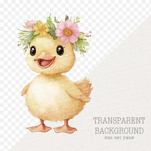 May include: A watercolor illustration of a cheerful yellow duckling wearing a floral crown. The duckling has large, dark eyes and a smiling expression. The image is set against a transparent background, with text that reads "TRANSPARENT BACKGROUND 300 DPI PNGS".