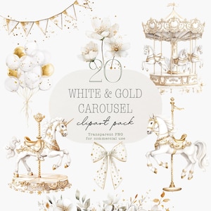 Op de afbeelding: Een verzameling witte en gouden carrousel clipart elementen. Bevat een carrousel, eenhoorn, ballonnen, bloemen, een strik en een banner. De tekst luidt "WHITE & GOLD CAROUSEL clipart pack".