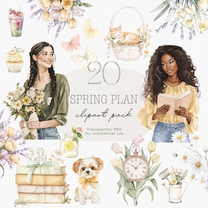 Springtime Planner Clipart, Watercolor Spring Junkjournal Stickers, Planner Girl, Scrabooking, Commercial Use, Spring Plan